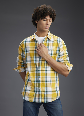 Men Yellow Checked Regular Fit Cotton Linen Shirt