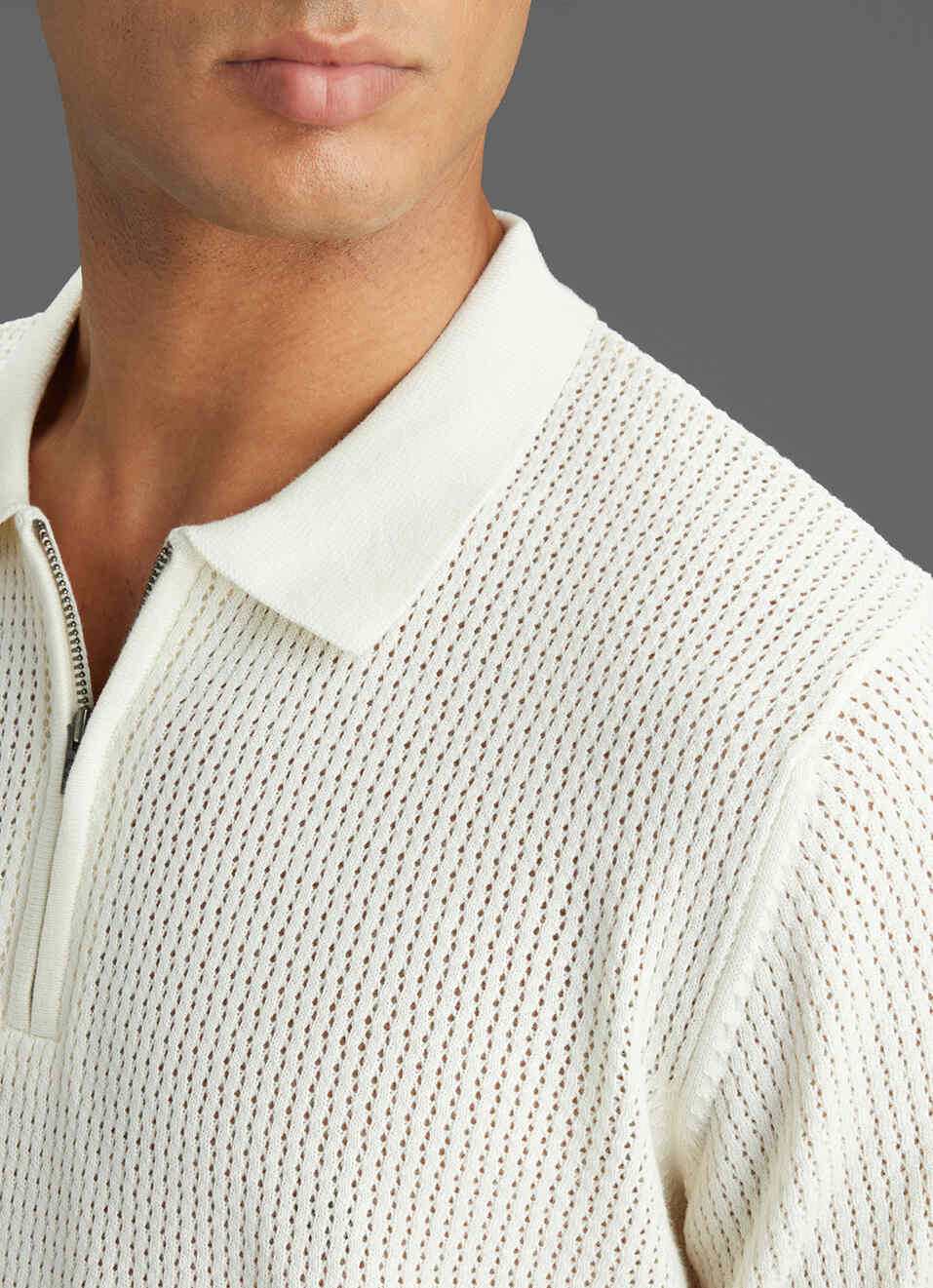 Men Off White Regular Fit Short Sleeve Knitted Zip Polo, , large image number 1