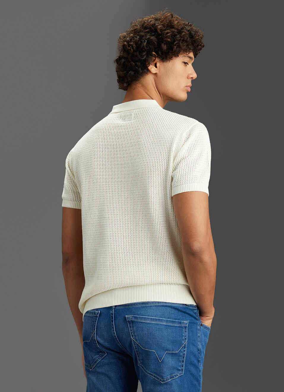 Men Off White Regular Fit Short Sleeve Knitted Zip Polo, , large image number 6