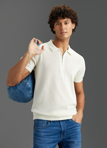 Men Off White Regular Fit Short Sleeve Knitted Zip Polo
