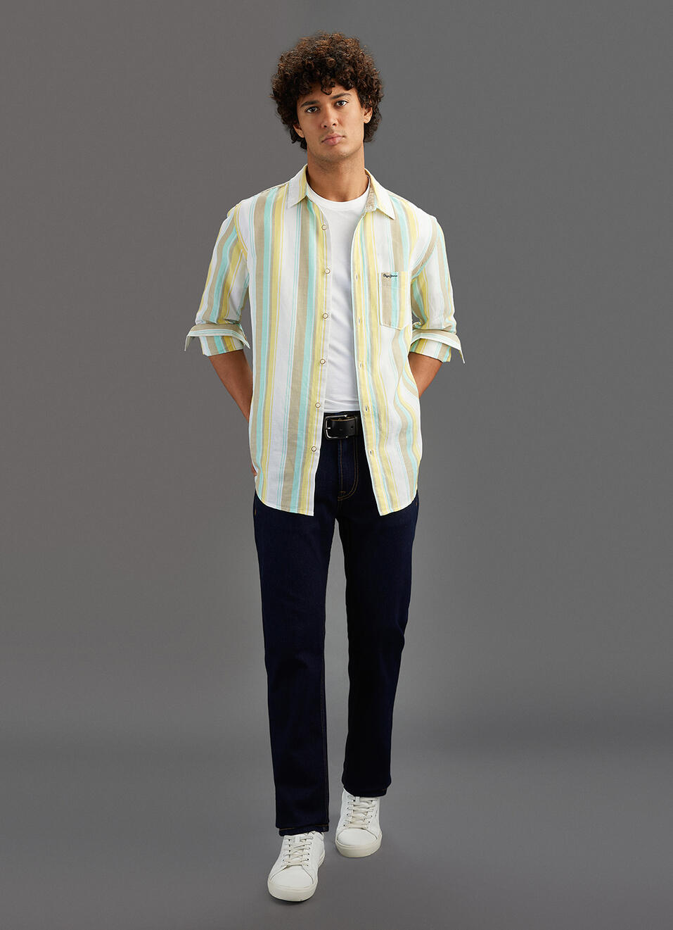 Men Yellow Striped Regular Fit Cotton Linen Shirt, , large image number 2