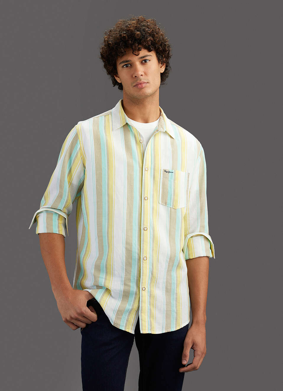 Men Yellow Striped Regular Fit Cotton Linen Shirt, , large image number 5
