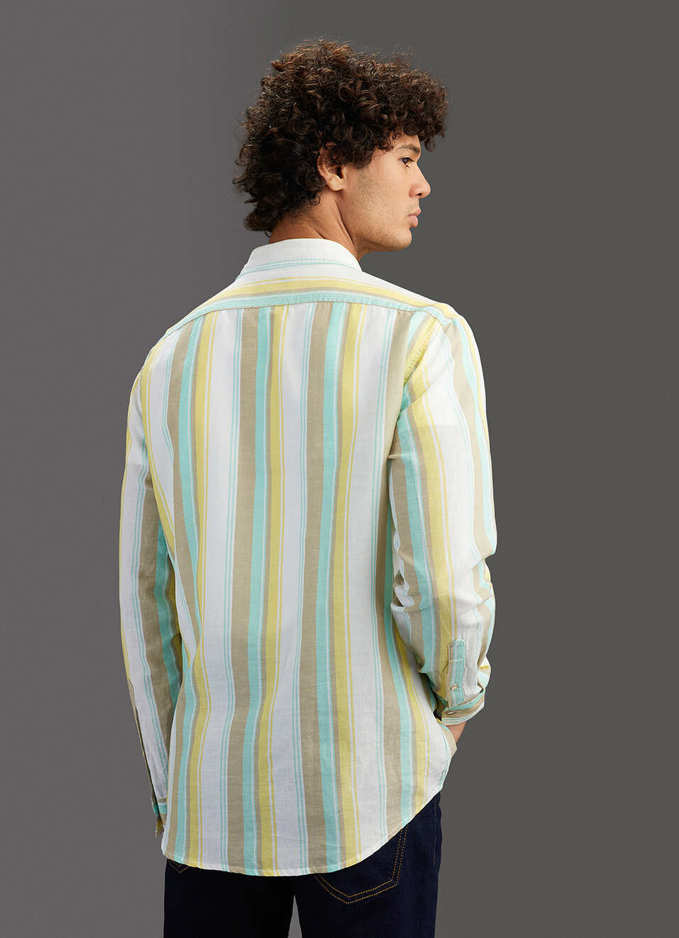 Men Yellow Striped Regular Fit Cotton Linen Shirt, , large image number 6
