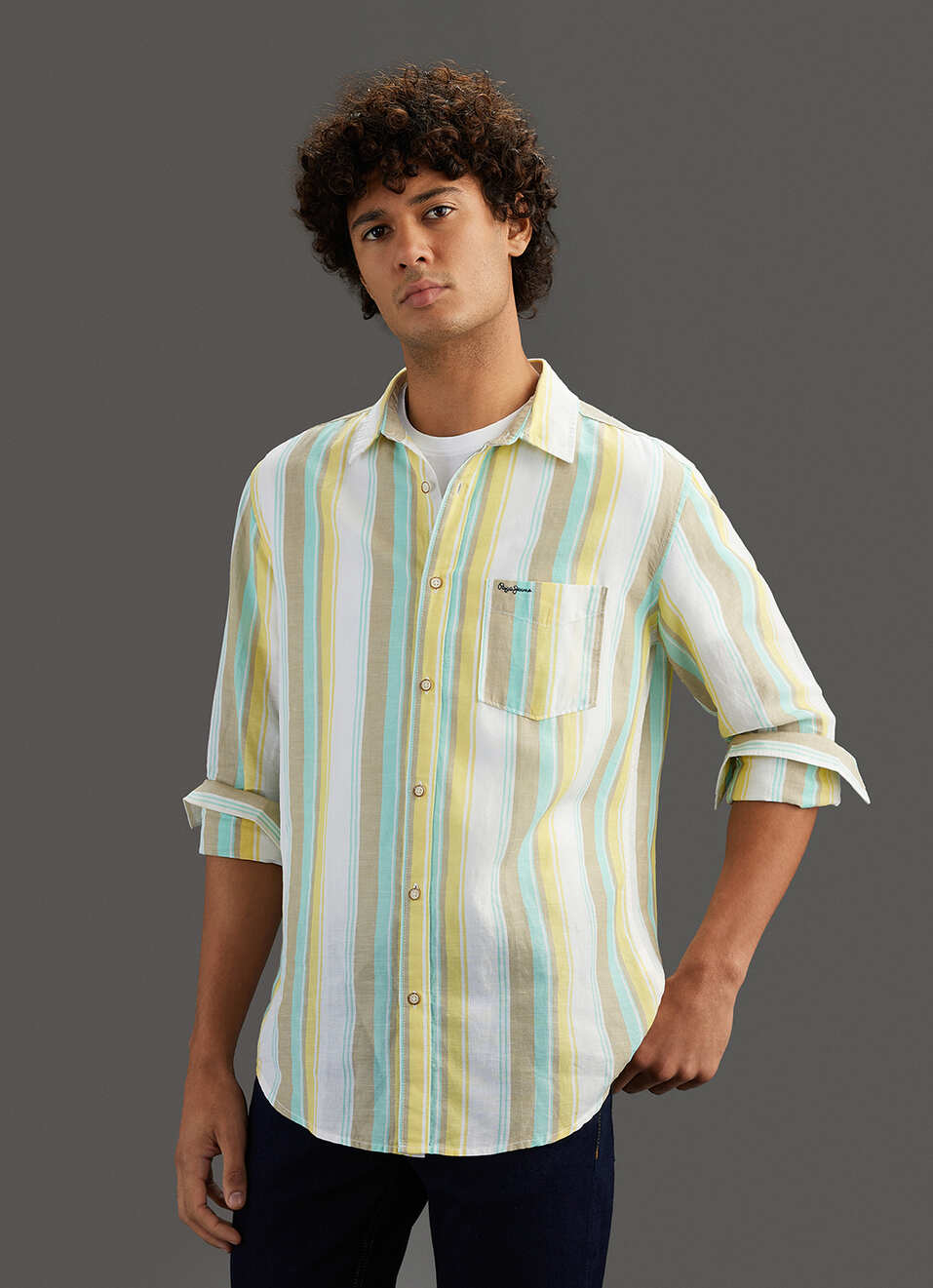 Men Yellow Striped Regular Fit Cotton Linen Shirt, , large image number 7