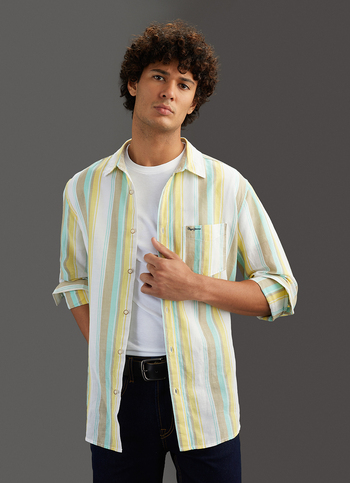 Men Yellow Striped Regular Fit Cotton Linen Shirt