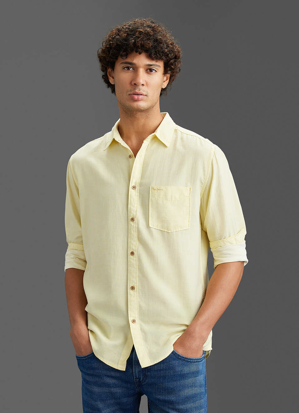 Men Light Yellow Solid Regular Fit Full Sleeve Casual Shirt, , large image number 5