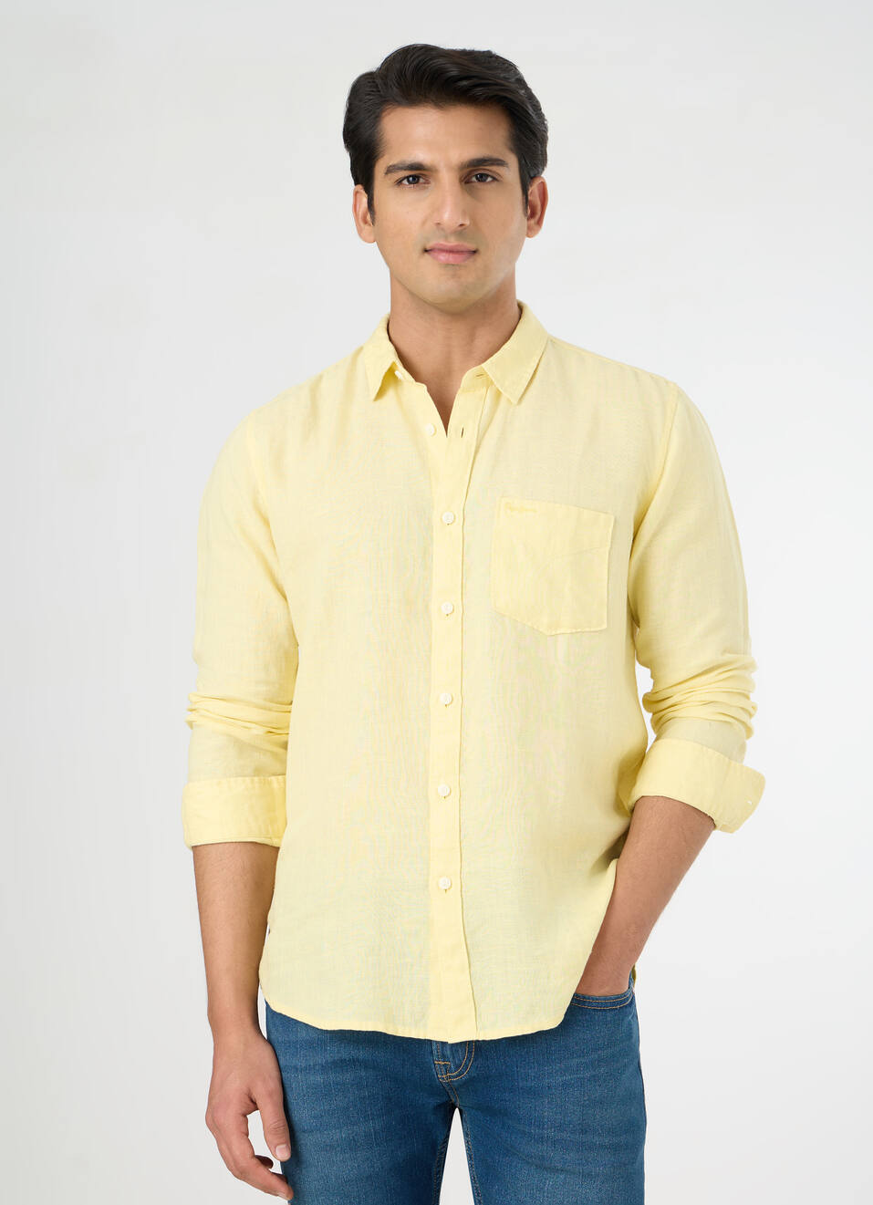 Men Light Yellow Pure Linen Full Sleeve Shirt, , large image number 1