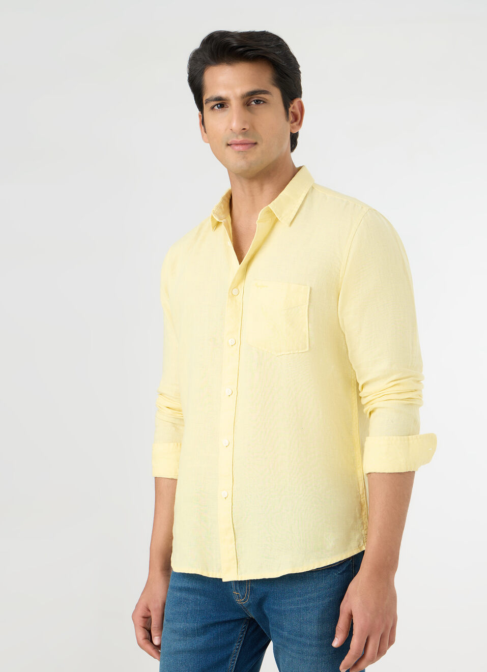 Men Light Yellow Pure Linen Full Sleeve Shirt, , large image number 3