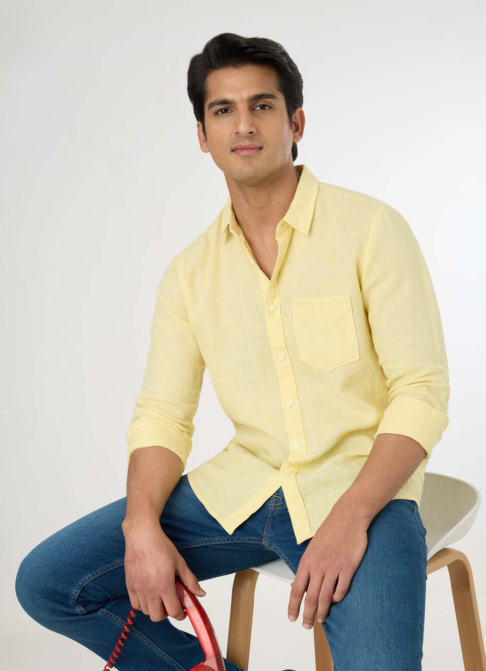 Men Light Yellow Pure Linen Full Sleeve Shirt, , large image number 0