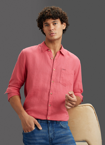 Men Pink Pure Linen Full Sleeve Shirt