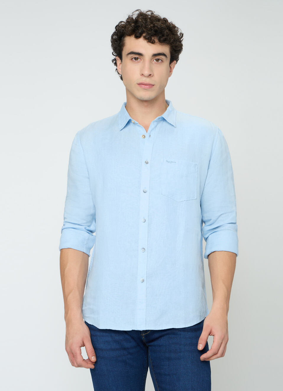 Men Sky Blue Pure Linen Full Sleeve Shirt, , large image number 1