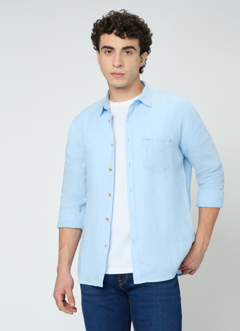 Men Sky Blue Pure Linen Full Sleeve Shirt