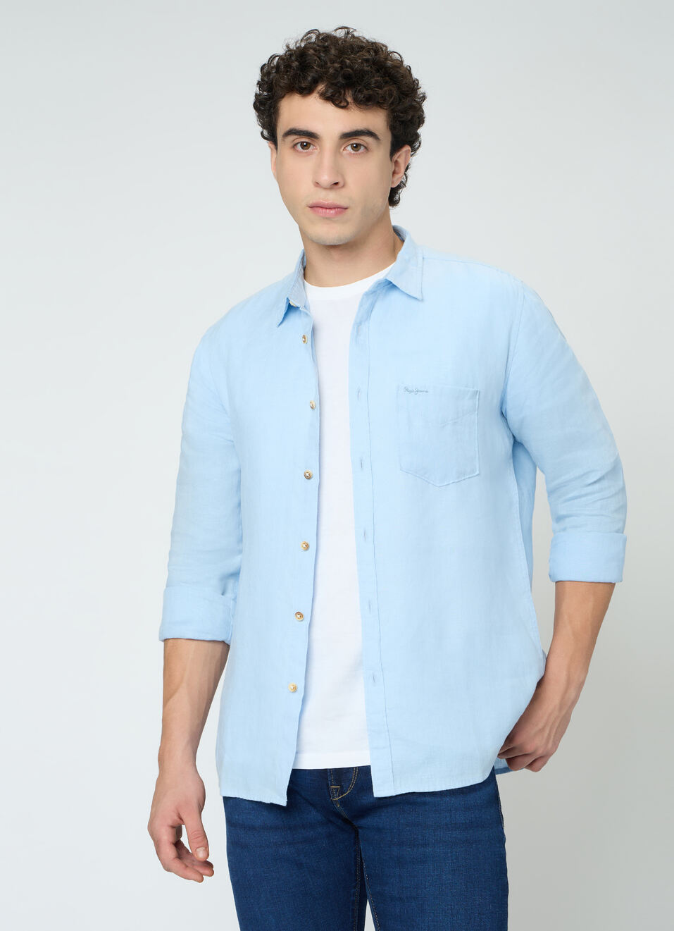 Men Sky Blue Pure Linen Full Sleeve Shirt, , large image number 0