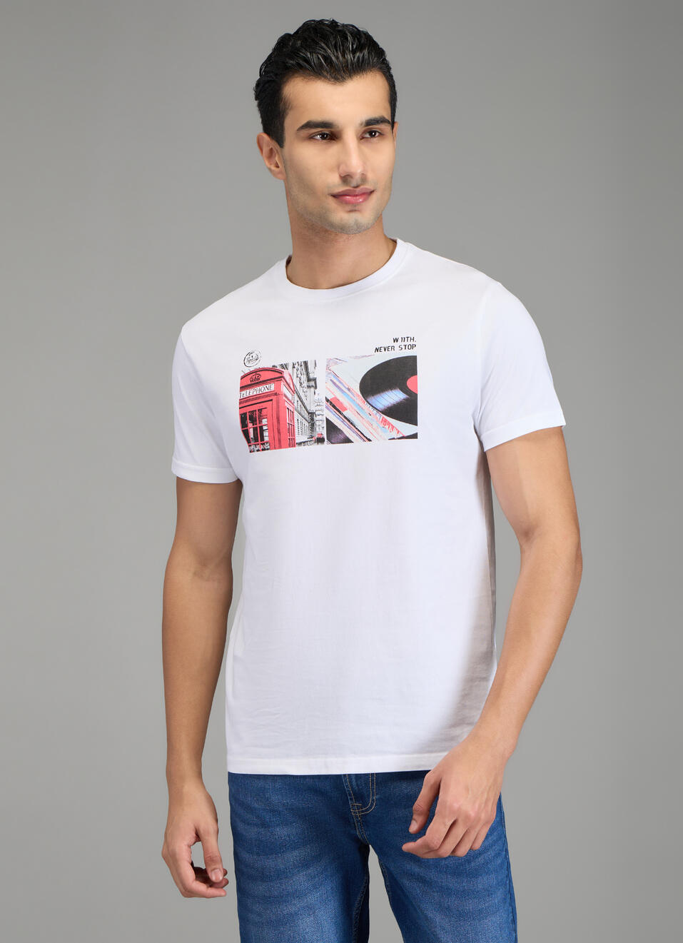 Men White Graphic Slim Fit T-shirt, , large image number 1