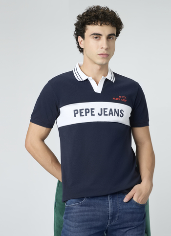 Men Blue Johnny Collar Polo Collar T-shirt
