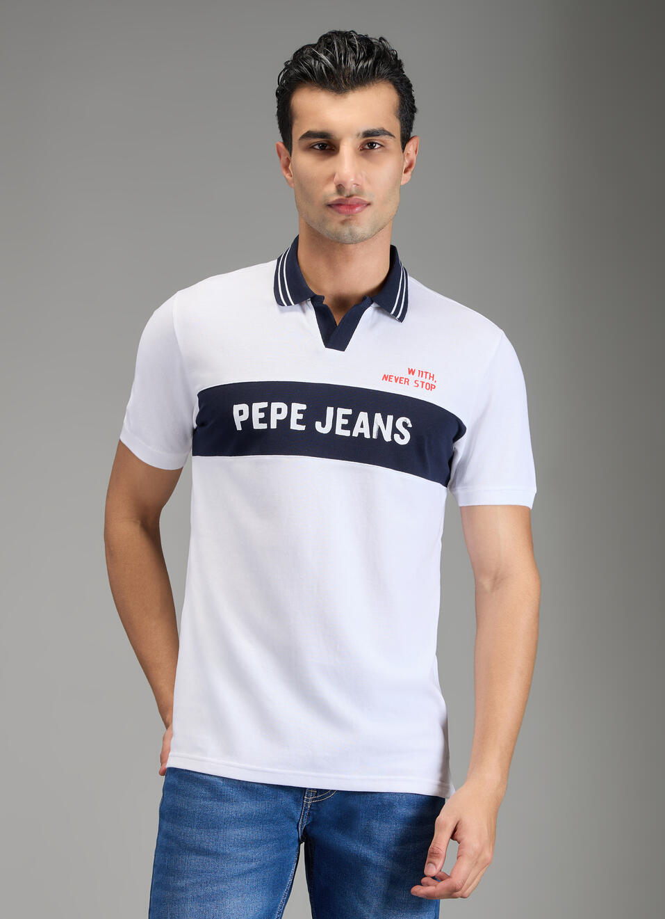 Men White Johnny Collar Polo Collar T-shirt, , large image number 1