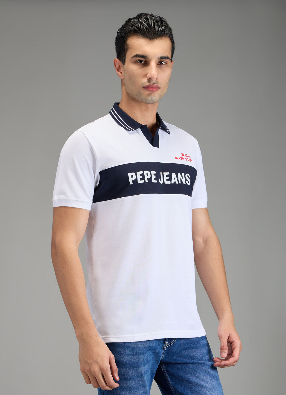 Men White Johnny Collar Polo Collar T-shirt, , large image number 3