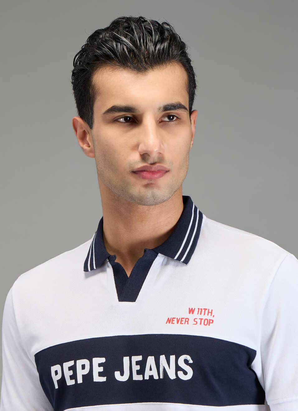 Men White Johnny Collar Polo Collar T-shirt, , large image number 4
