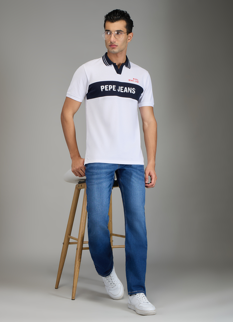 Men White Johnny Collar Polo Collar T-shirt, , large image number 5