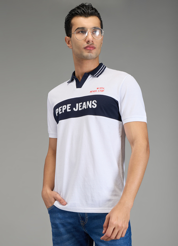 Men White Johnny Collar Polo Collar T-shirt