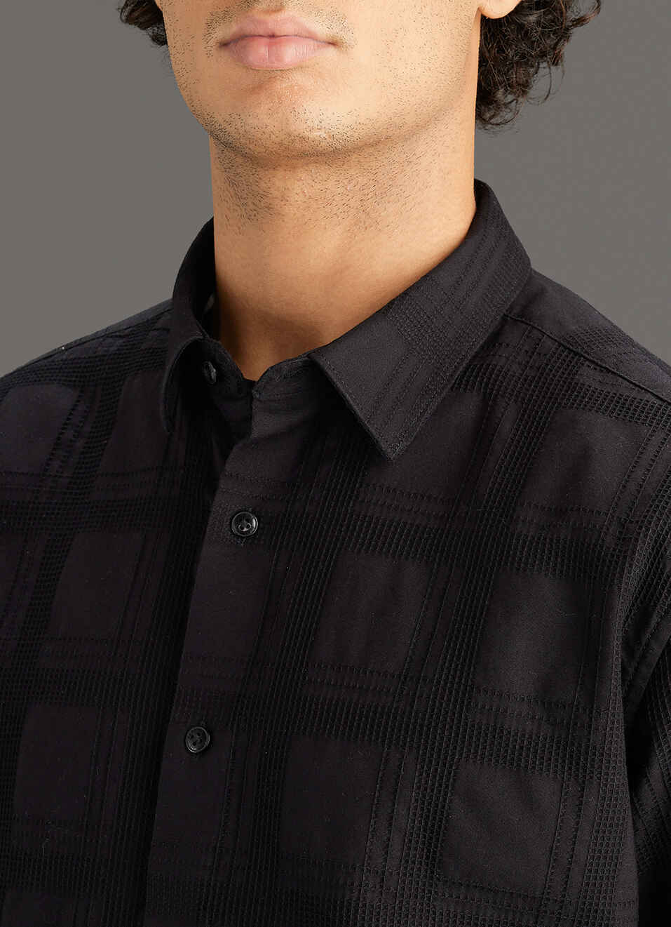 Men Black Self-structured Regular Fit Cotton Shirt, , large image number 1