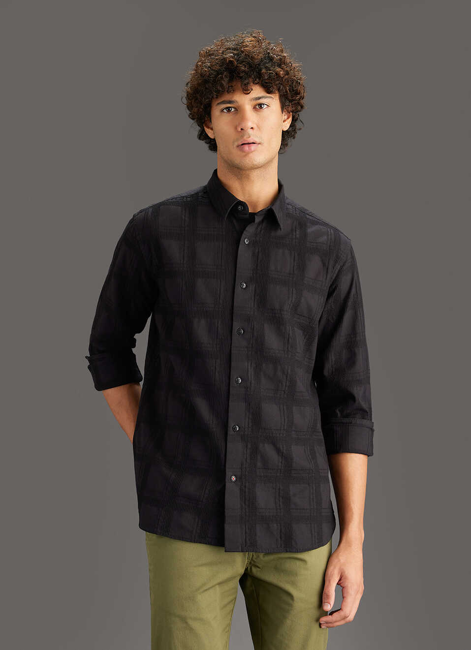 Men Black Self-structured Regular Fit Cotton Shirt, , large image number 5