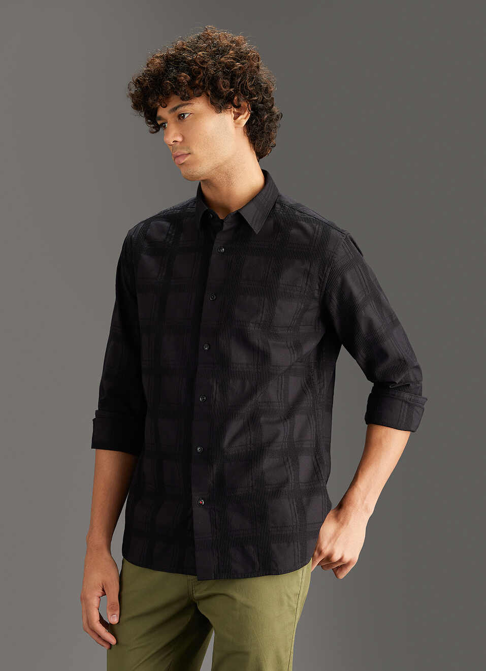 Men Black Self-structured Regular Fit Cotton Shirt, , large image number 7