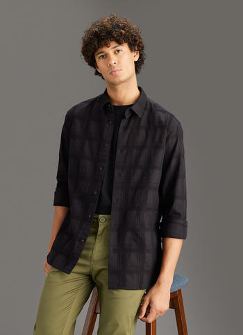 Men Black Self-structured Regular Fit Cotton Shirt