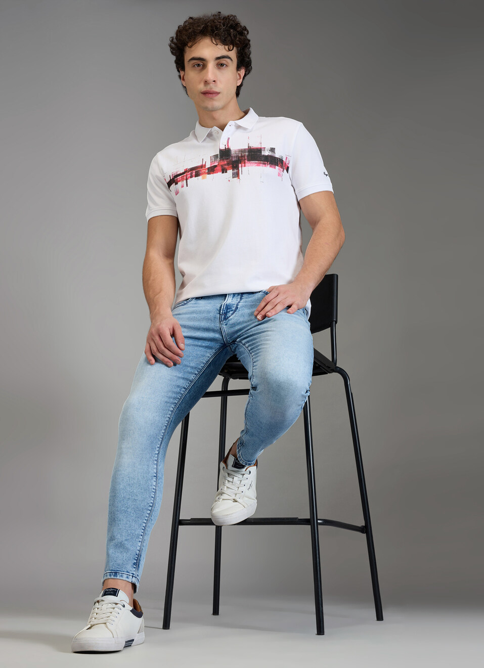 Men White Printed Regular Fit Polo Collar T-shirt, , large image number 2