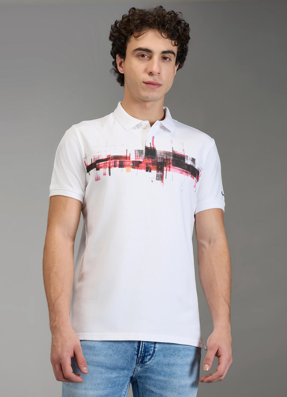 Men White Printed Regular Fit Polo Collar T-shirt, , large image number 5