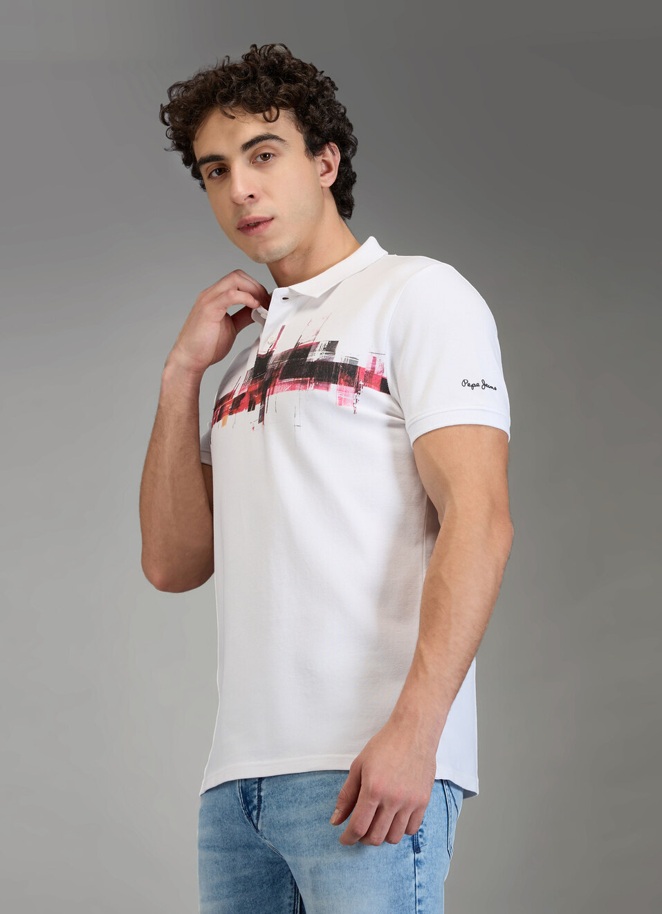 Men White Printed Regular Fit Polo Collar T-shirt, , large image number 6