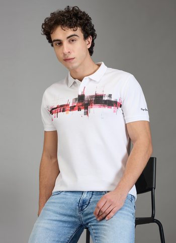 Men White Printed Regular Fit Polo Collar T-shirt