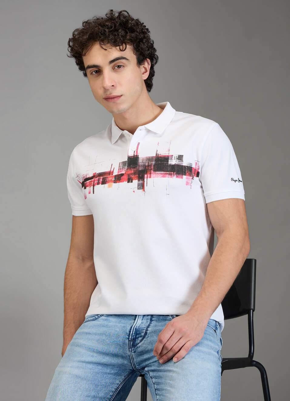 Men White Printed Regular Fit Polo Collar T-shirt, , large image number 0
