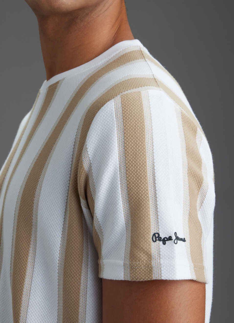 Men Beige Vertical Stripe Slim Fit Short Sleeve T-shirt, , large image number 1