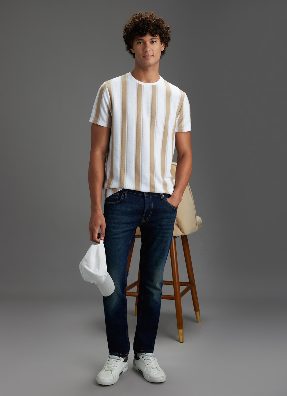 Men Beige Vertical Stripe Slim Fit Short Sleeve T-shirt, , large image number 2