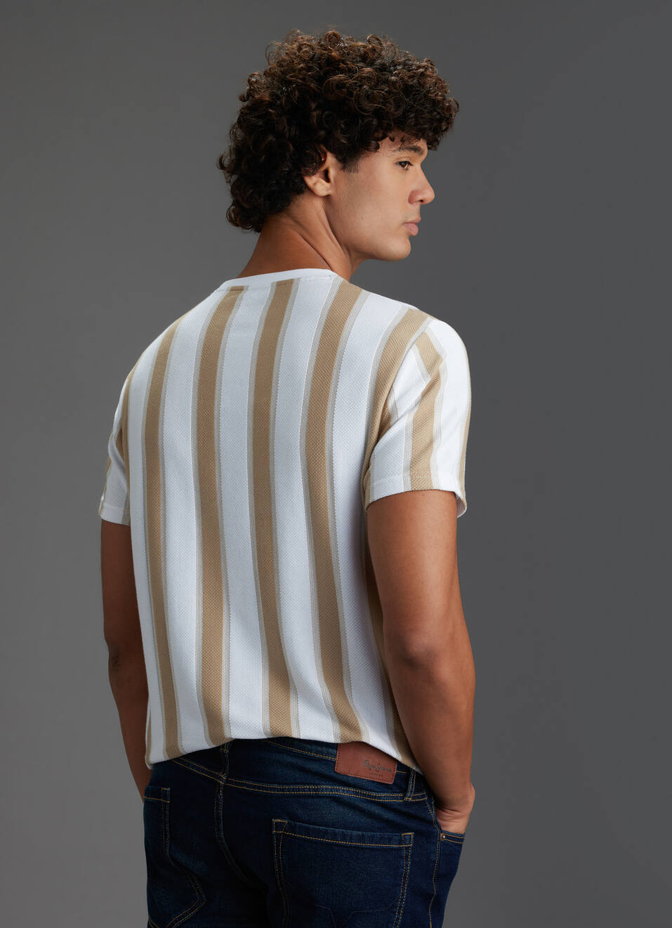 Men Beige Vertical Stripe Slim Fit Short Sleeve T-shirt, , large image number 6