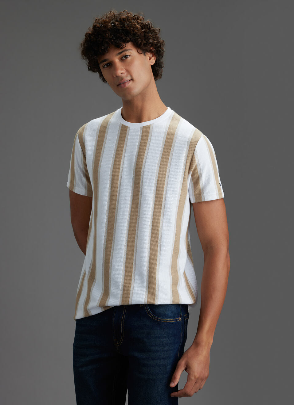 Men Beige Vertical Stripe Slim Fit Short Sleeve T-shirt, , large image number 7