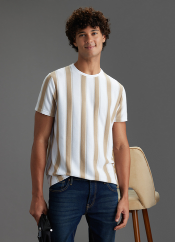 Men Beige Vertical Stripe Slim Fit Short Sleeve T-shirt