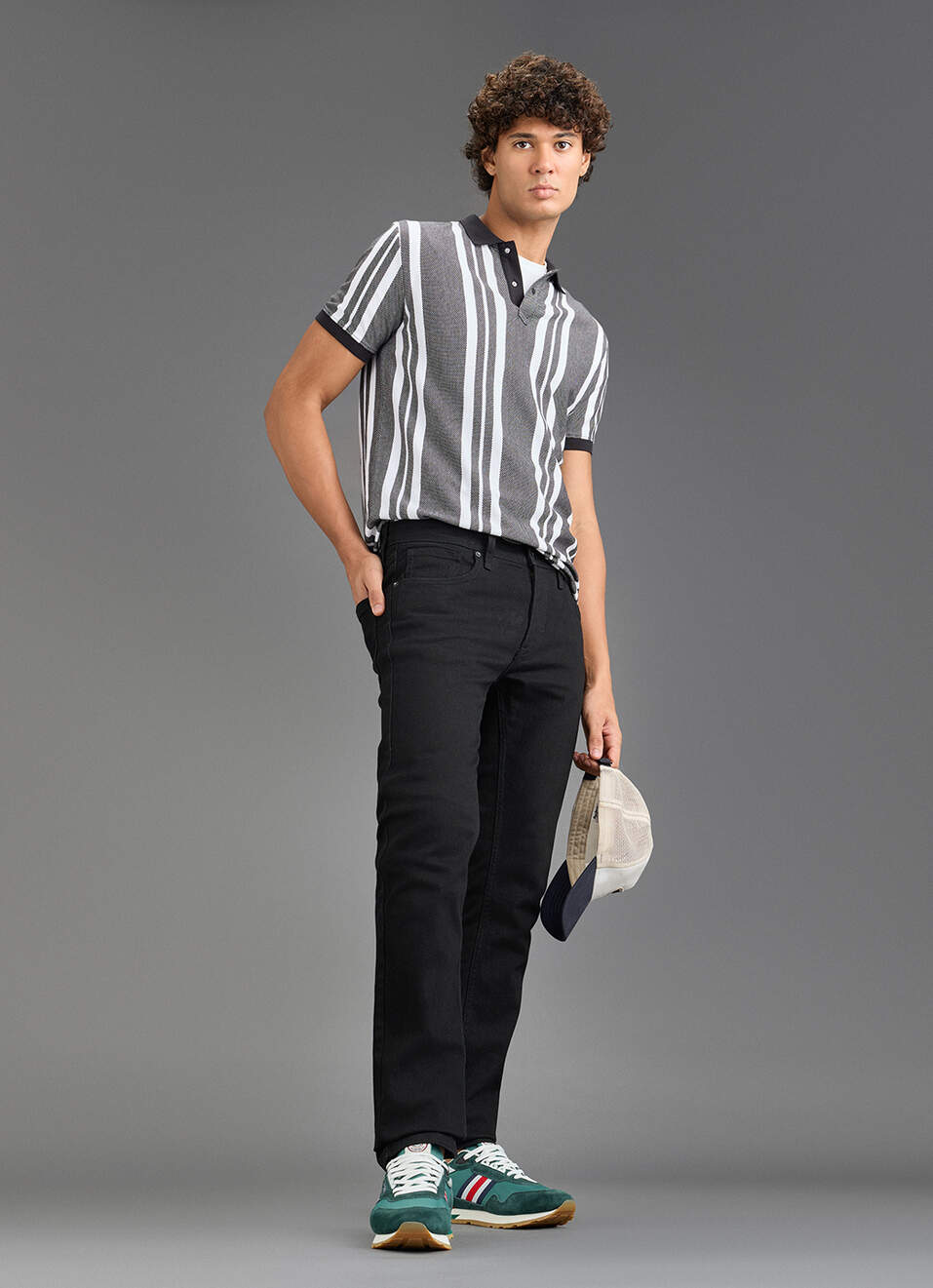 Men Black Vertical Stripe Short Sleeve Polo, , large image number 2