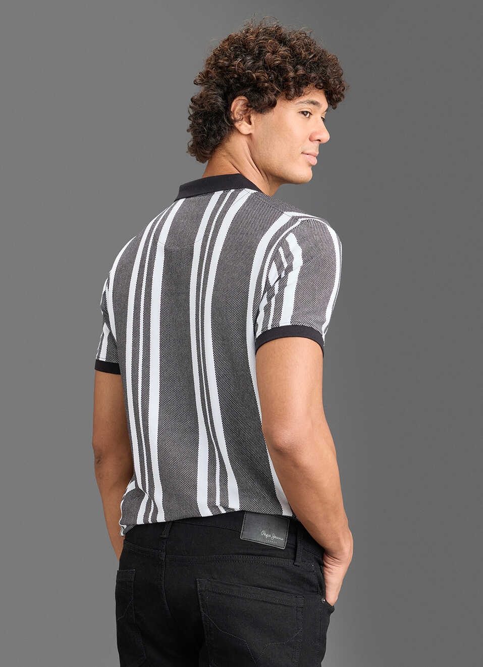 Men Black Vertical Stripe Short Sleeve Polo, , large image number 6
