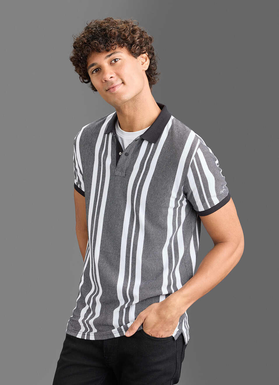 Men Black Vertical Stripe Short Sleeve Polo, , large image number 7