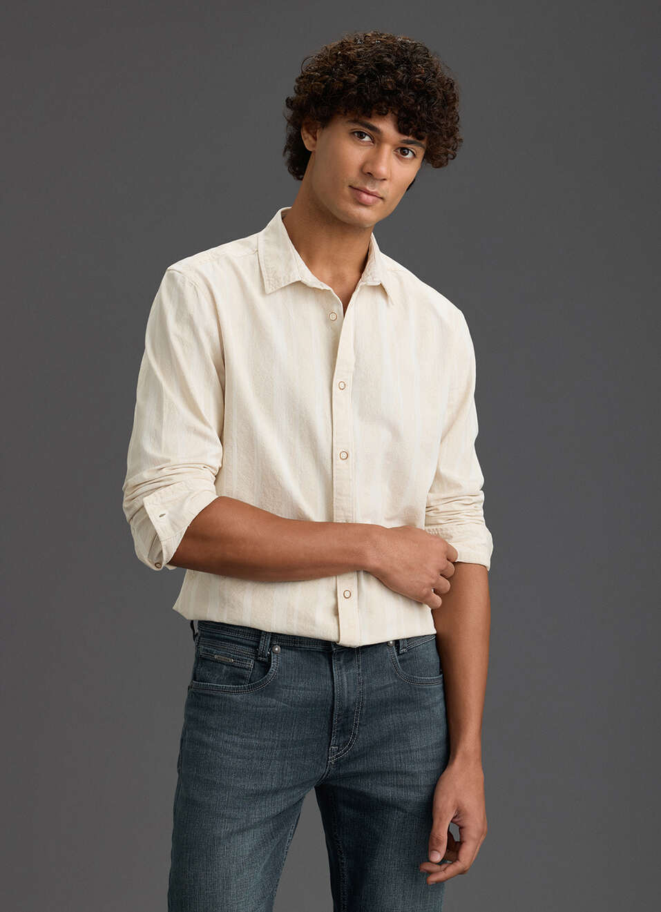 Men Beige Regular Fit Striped Casual Shirt, , large image number 5