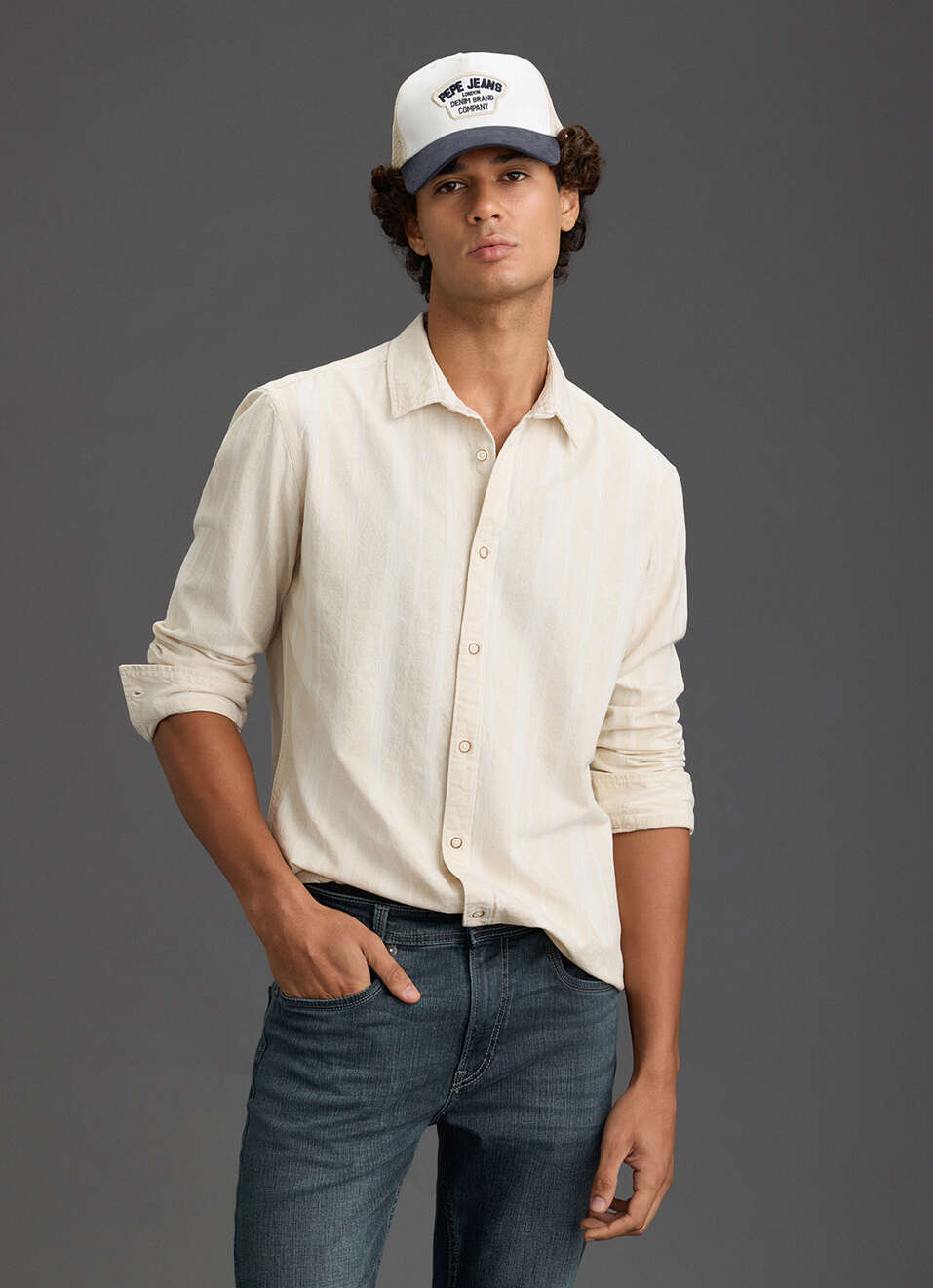 Men Beige Regular Fit Striped Casual Shirt, , large image number 0