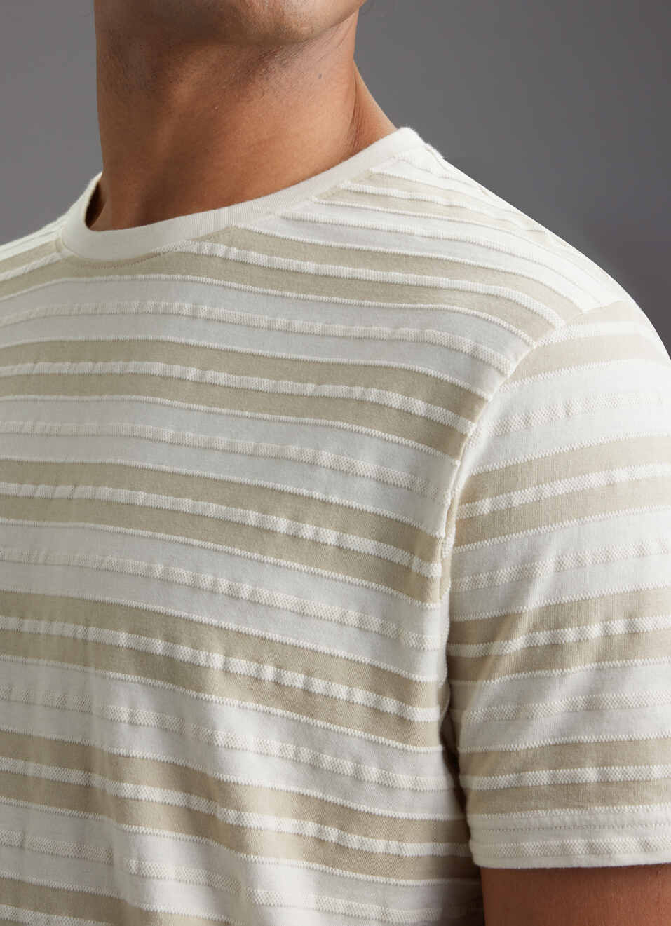 Men Ecru White Textured Stripe Slim Fit Short Sleeve T-shirt, , large image number 1