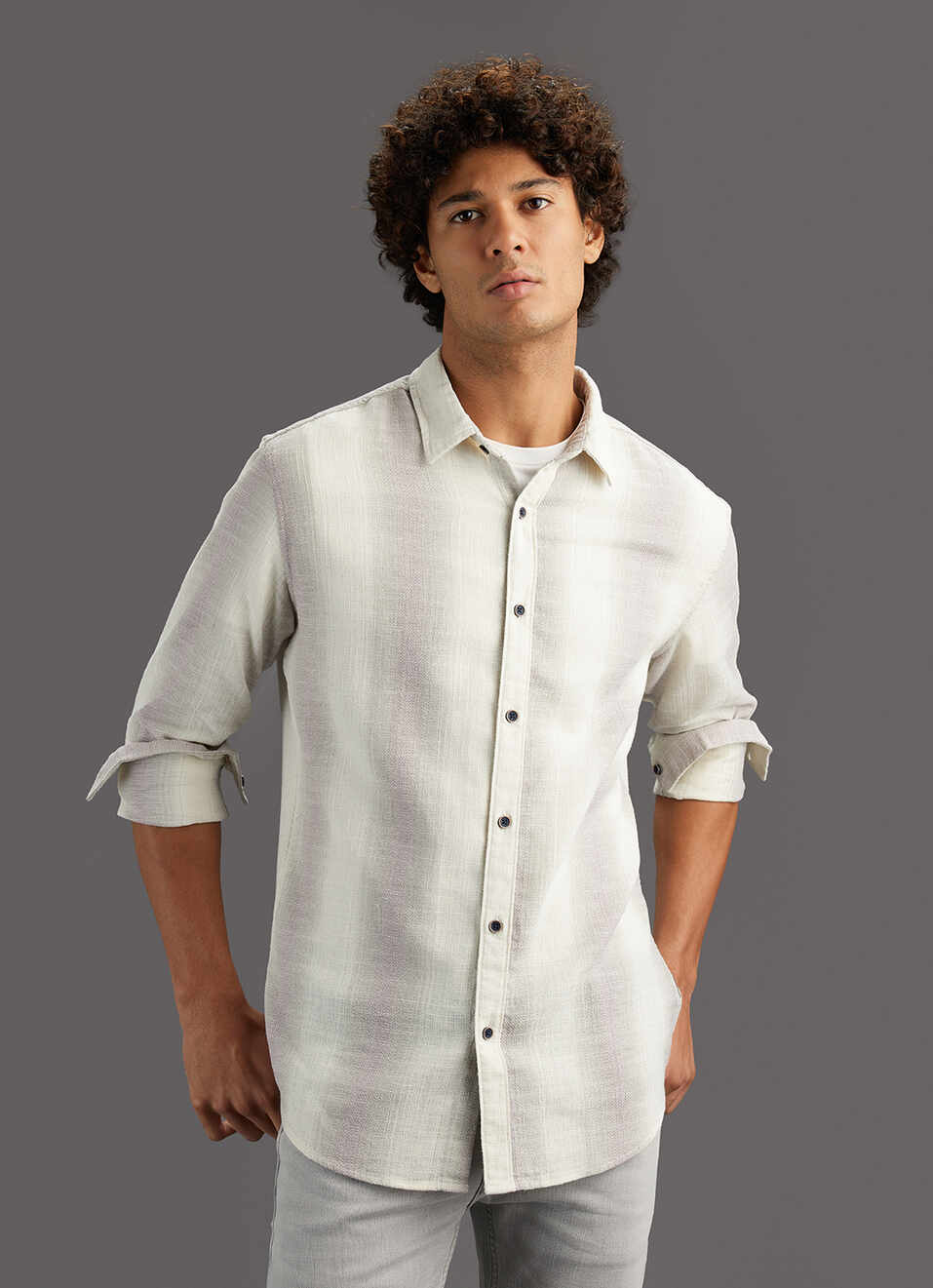 Men Grey Striped Regular Fit Cotton Shirt, , large image number 5