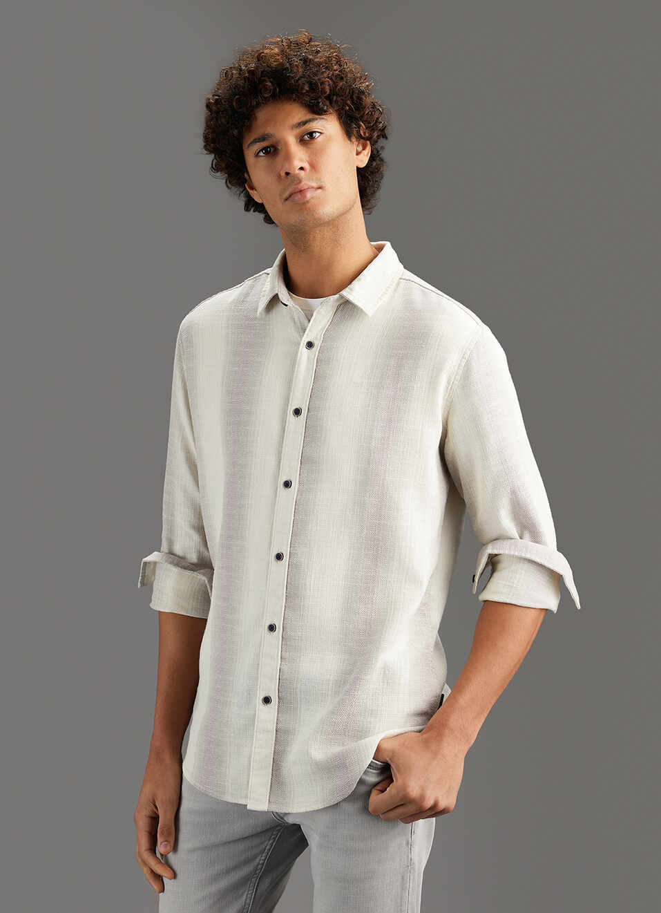 Men Grey Striped Regular Fit Cotton Shirt, , large image number 7