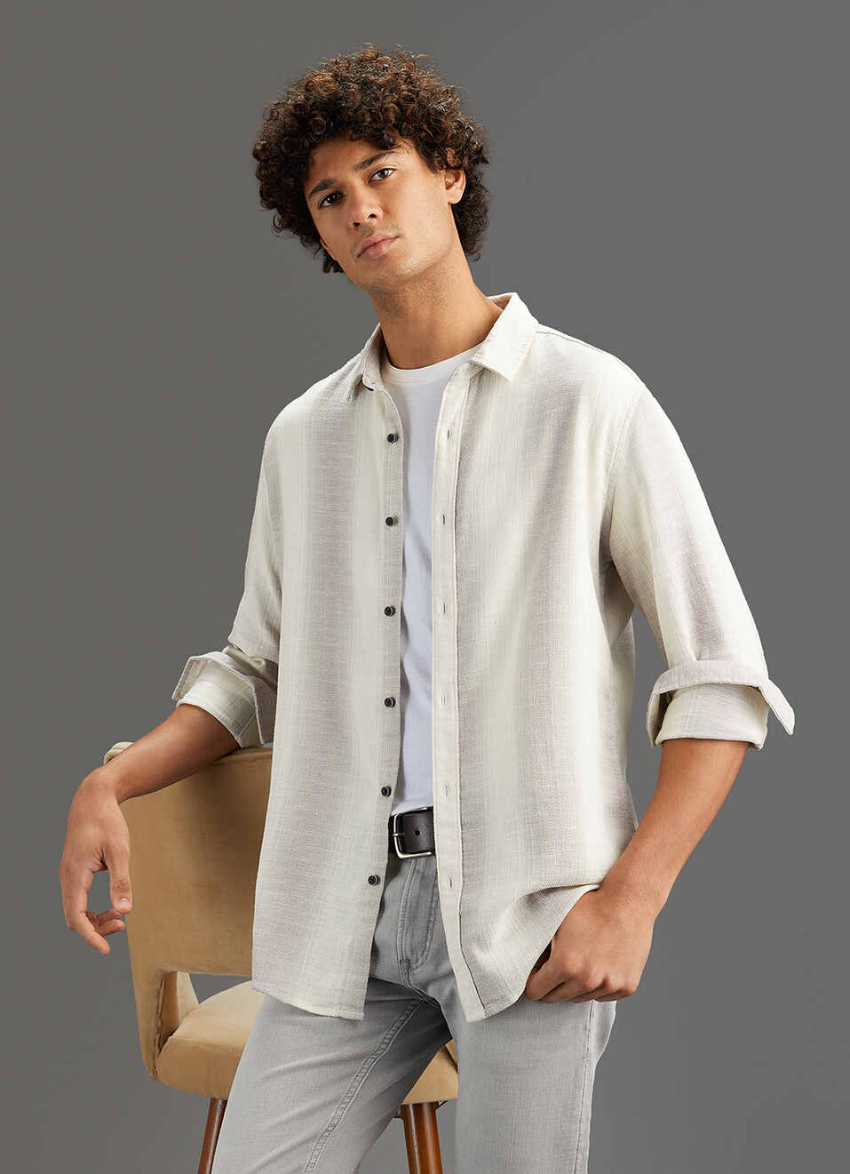 Men Grey Striped Regular Fit Cotton Shirt, , large image number 0