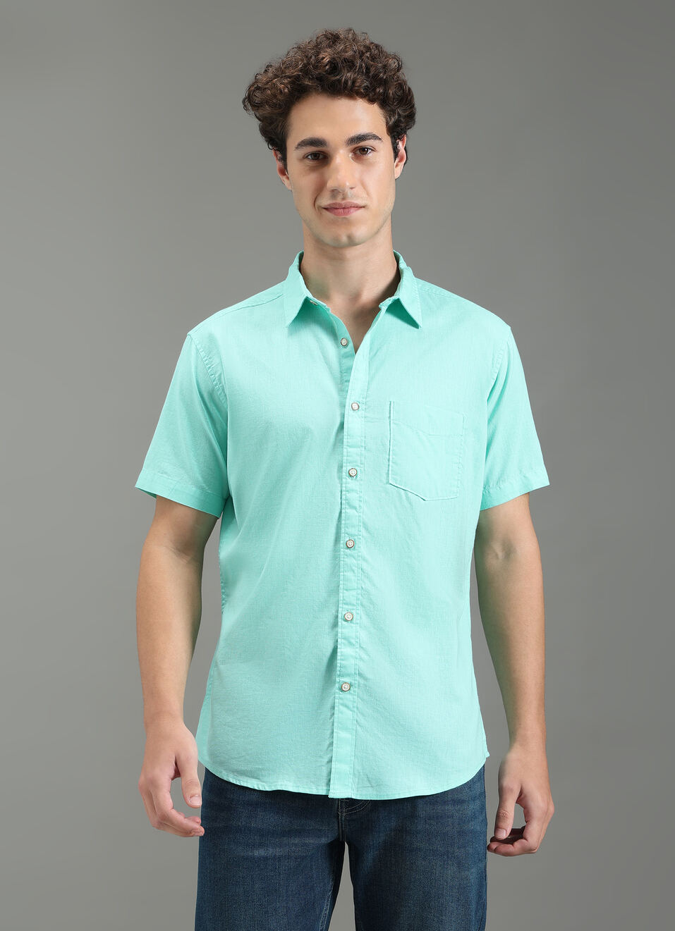 Men Blue Solid Short Sleeve Shirt, , large image number 1