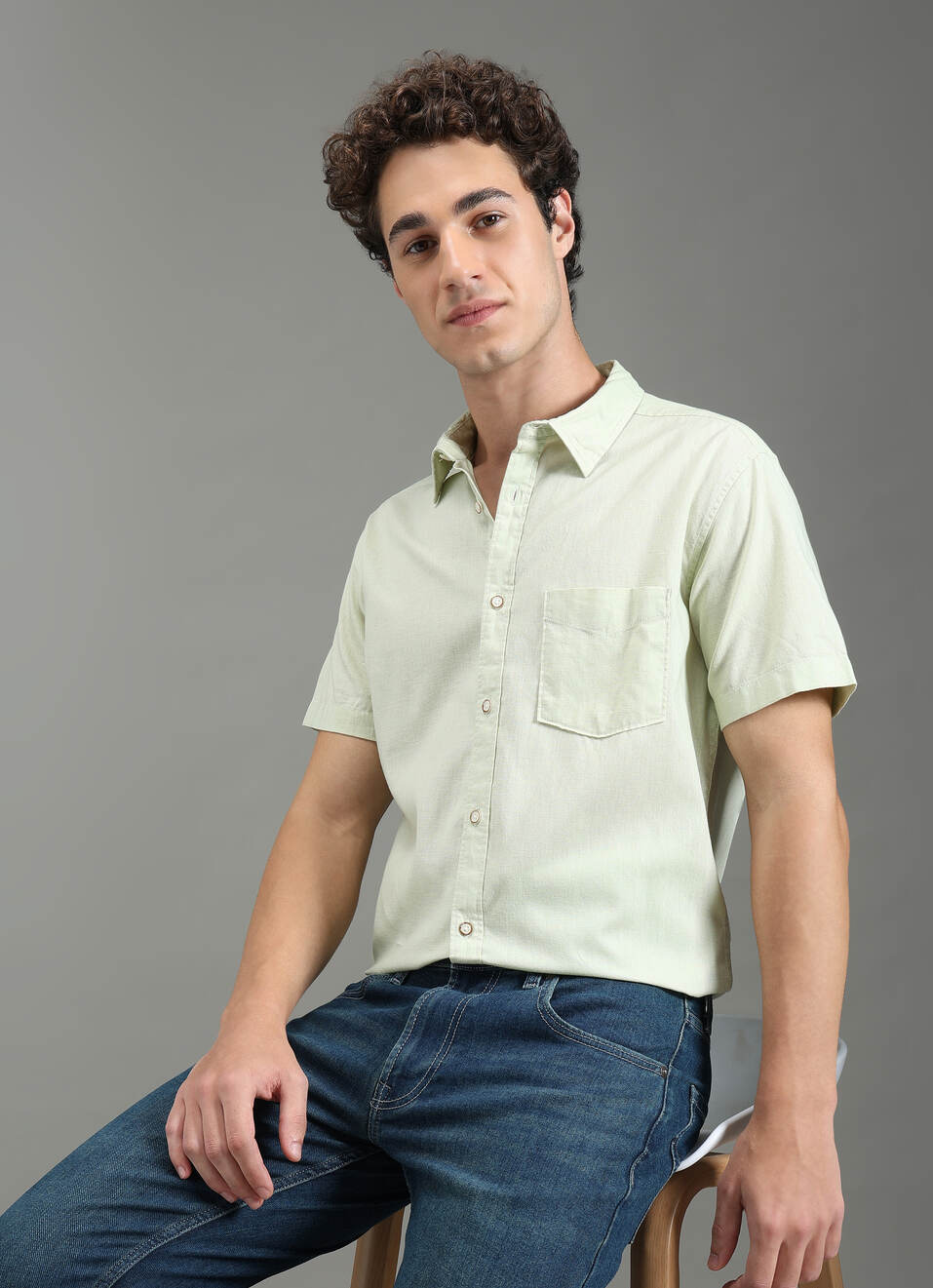 Men Green Solid Short Sleeve Shirt, , large image number 0