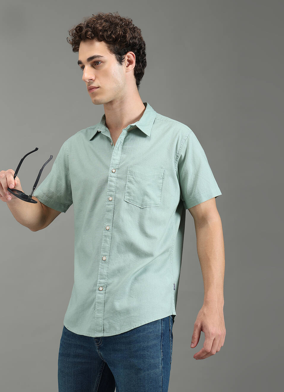 Men Green Solid Short Sleeve Shirt, , large image number 0